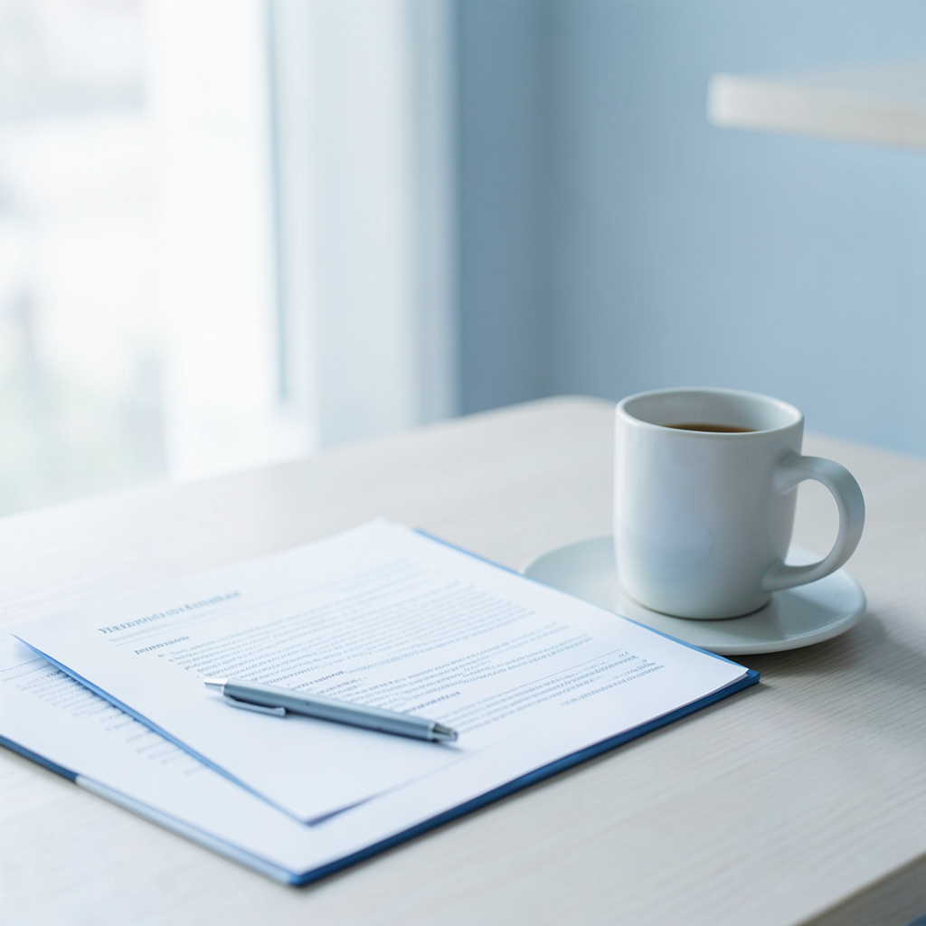 Superficie de mesa con documentos, bolígrafo y una taza, iluminación natural suave, tonos neutros y ambiente de trabajo sereno