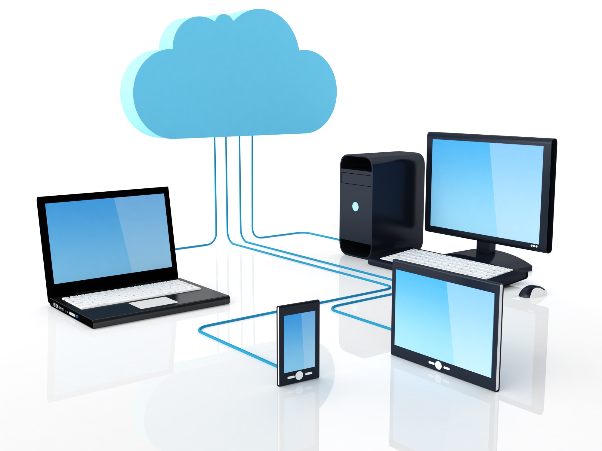 Ilustración digital de un icono de nube azul conectado por líneas a un portátil, ordenador de sobremesa, monitor, tableta y teléfono inteligente, sobre fondo neutro claro