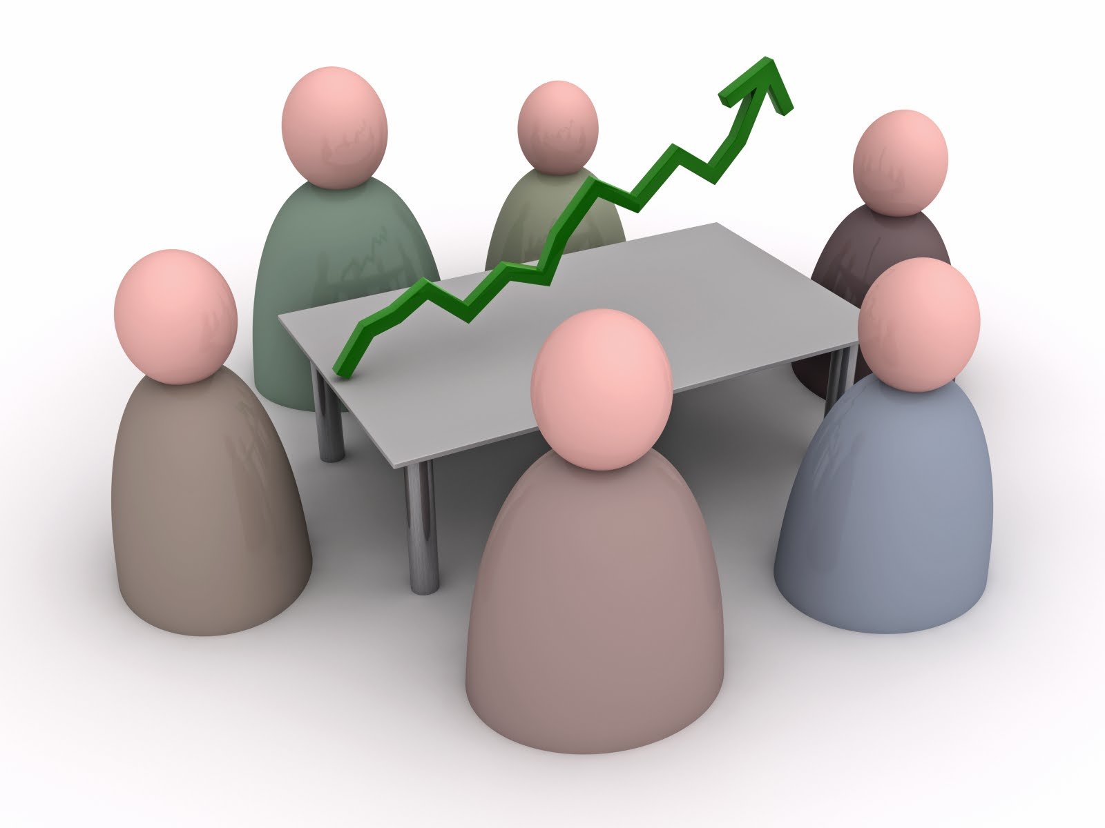 Ilustración tridimensional de figuras simplificadas sin rostro reunidas alrededor de una mesa con un gráfico de flecha verde ascendente, sobre fondo claro y aireado