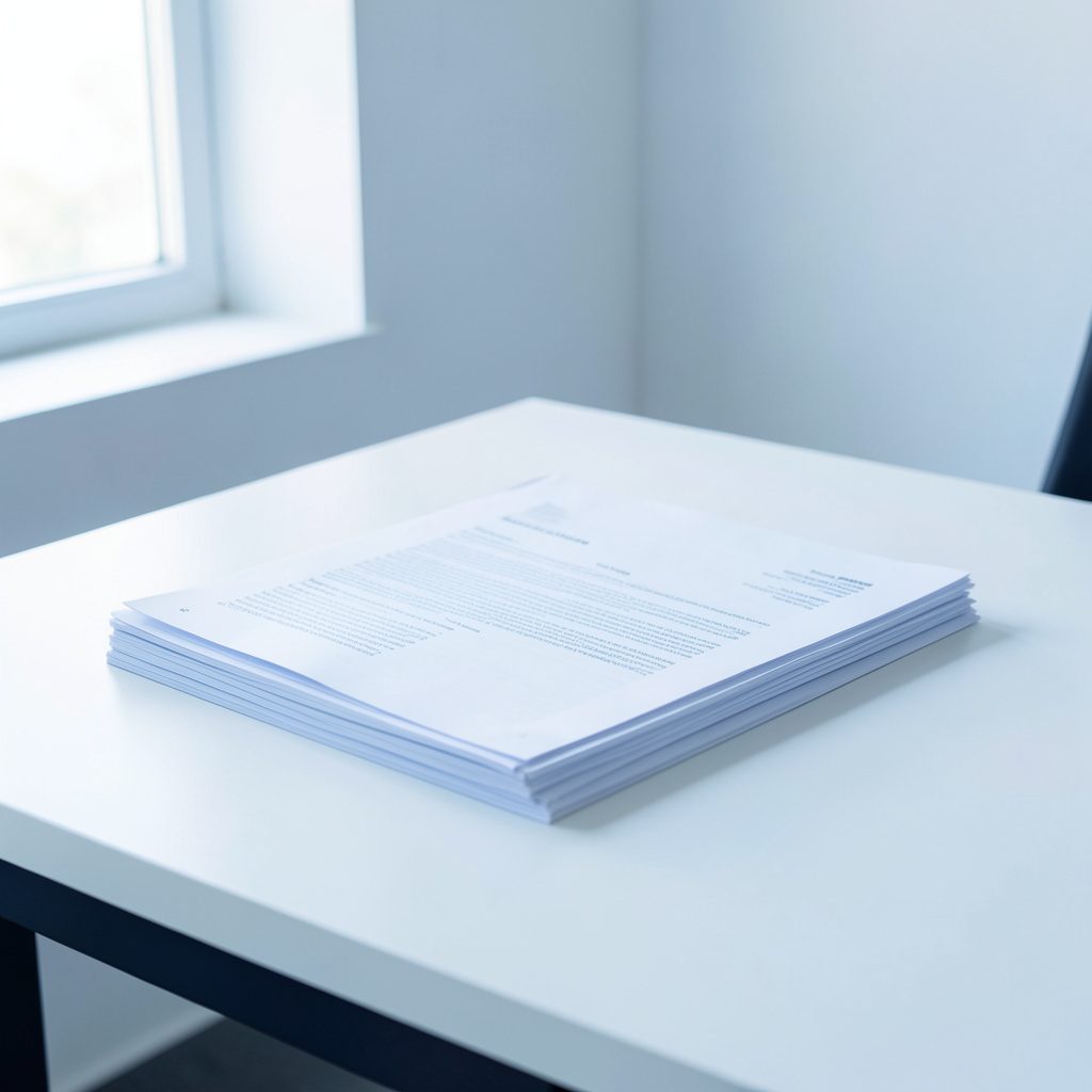 Fotografía clara y aireada de documentos e informes apilados sobre una mesa blanca, con luz natural entrando por una ventana lateral, tonos neutros y ambiente de trabajo sereno