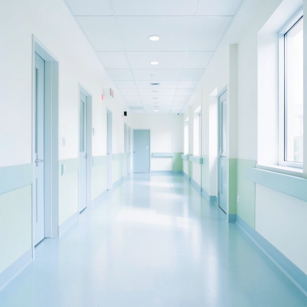 Fotografía luminosa de un entorno sanitario moderno con luz natural, mostrando un pasillo amplio y limpio con tonos blancos y verdes suaves, atmósfera serena y profesional