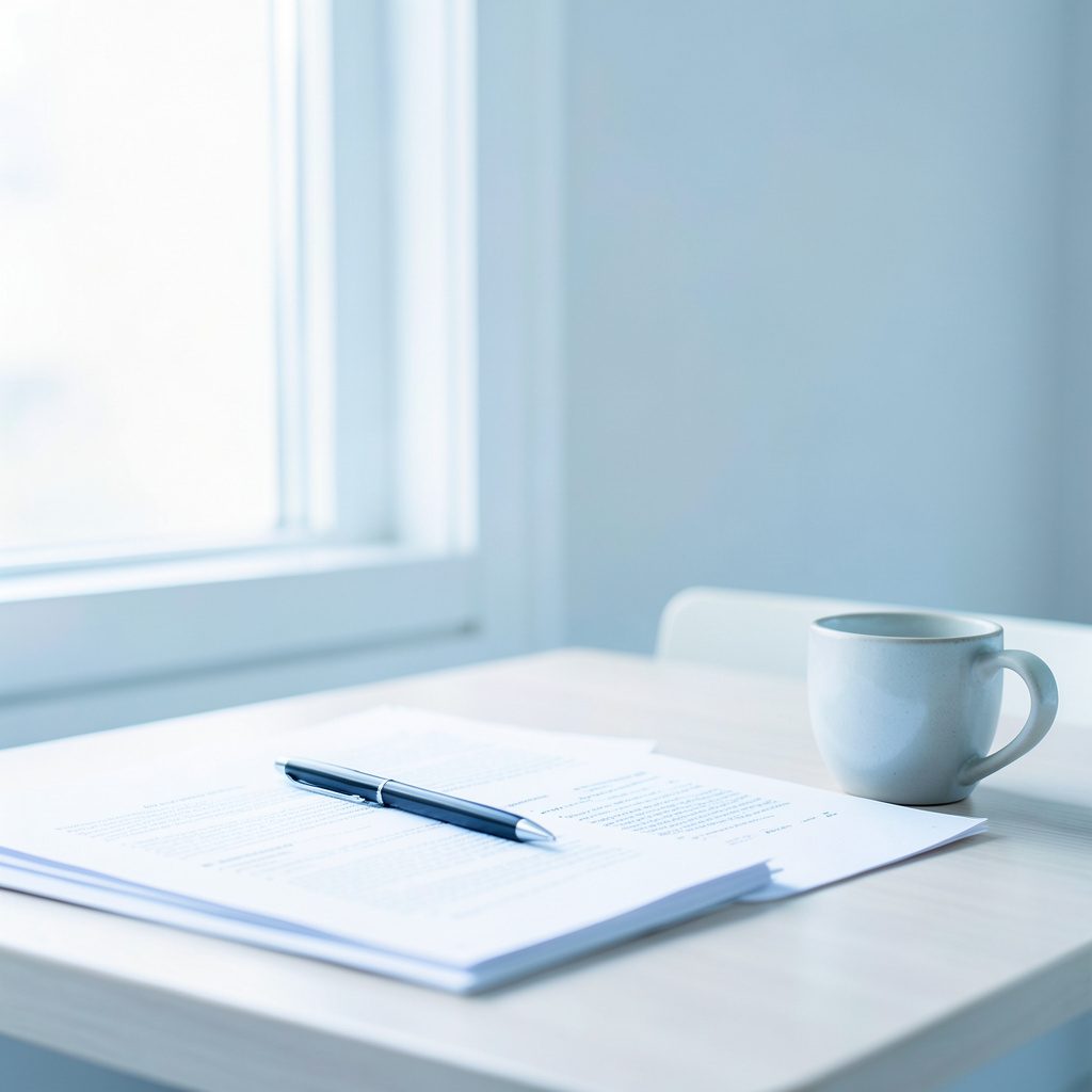 Fotografía luminosa y aireada de un escritorio con papeles, un bolígrafo y una taza, junto a una ventana con luz natural suave, transmitiendo calma y reflexión académica