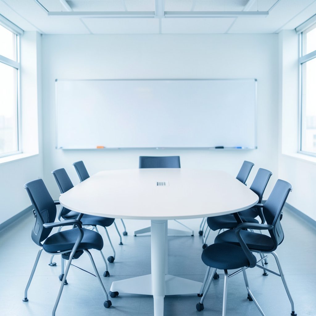 Fotografía luminosa de una mesa redonda con varias sillas vacías y una pizarra blanca al fondo, iluminada por luz natural cenital, atmósfera de sala de reuniones tranquila y profesional
